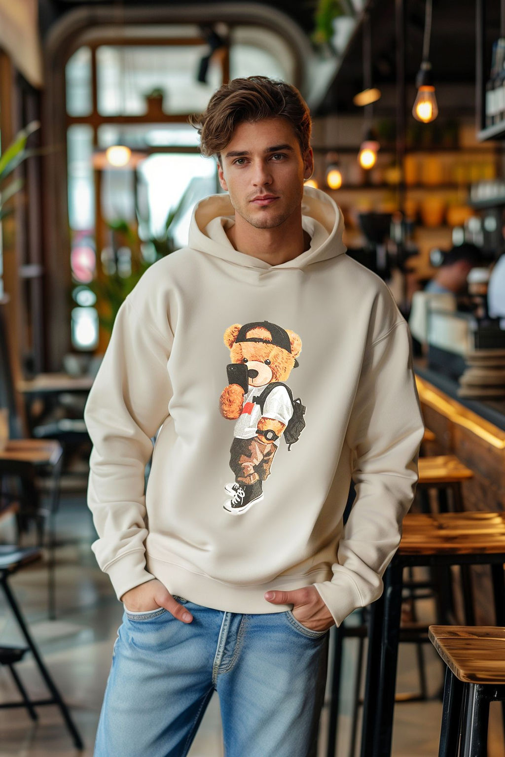 TRENDYOL MAN Lacivert Un?sex Oversize Ay?c?k Bask?l? Ici Polar/S?cak Tutan Kapusonlu Sweatshirt TMNAW25SW00210