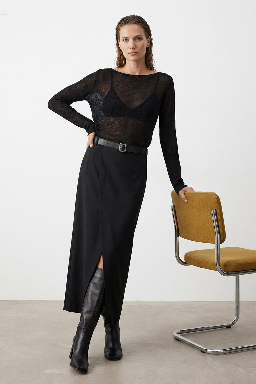 Siyah Kemerli Onde Y?rtmacl? Maxi Uzun Boy Dokuma Etek TWOAW25ET00082