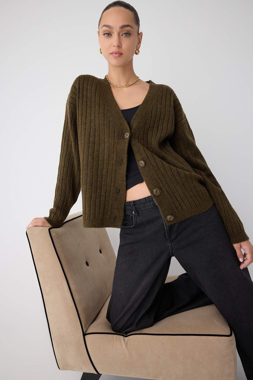 Wardrobe Essentials Haki Yumusak Dokulu Basic Genis Kal?p Triko H?rka | TWOAW26HI00119