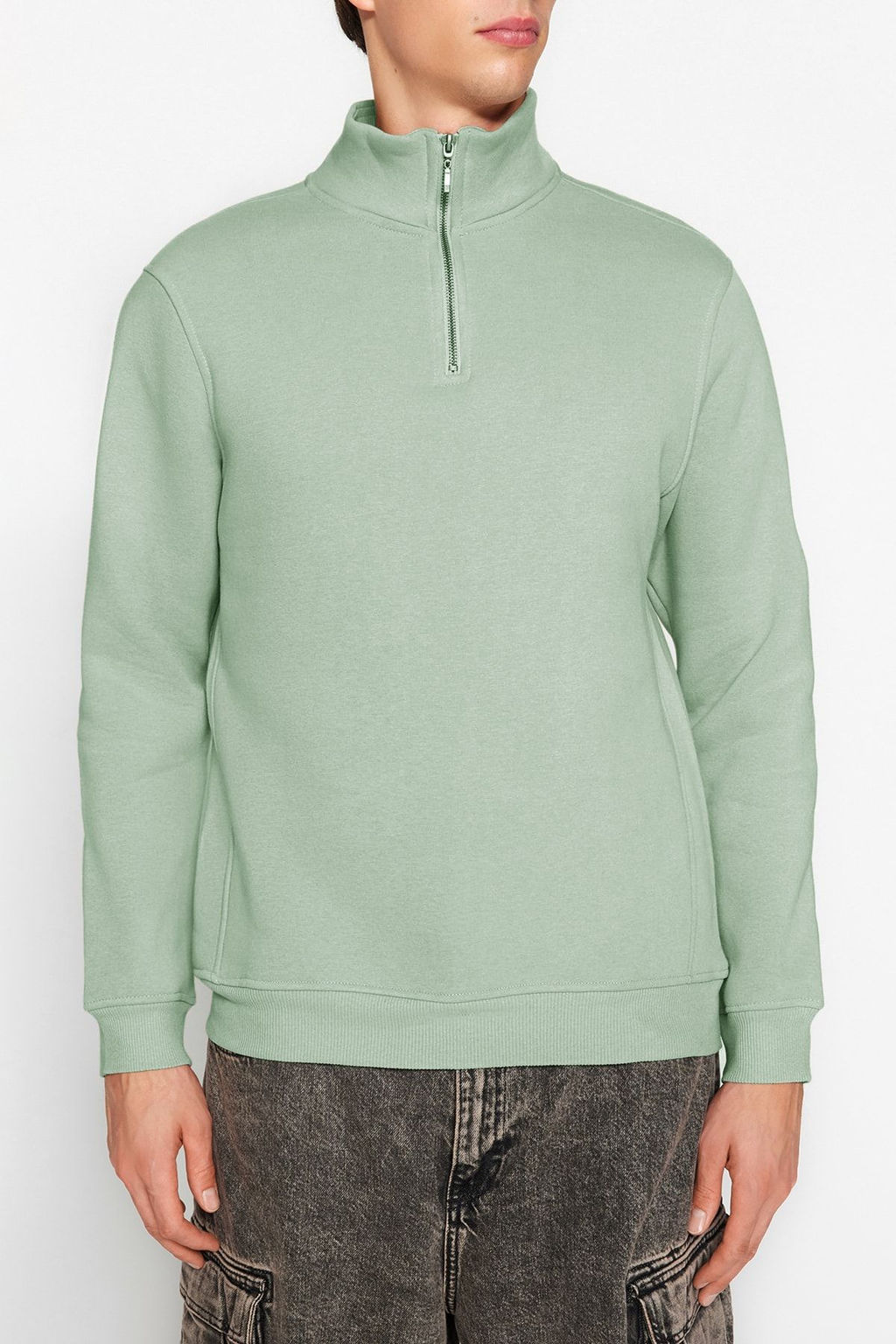 Mint Regular/Normal Kesim Dik Yaka Fermuarl? Pamuklu Basic Ici Polarl? Sweatshirt TMNAW24SW00041