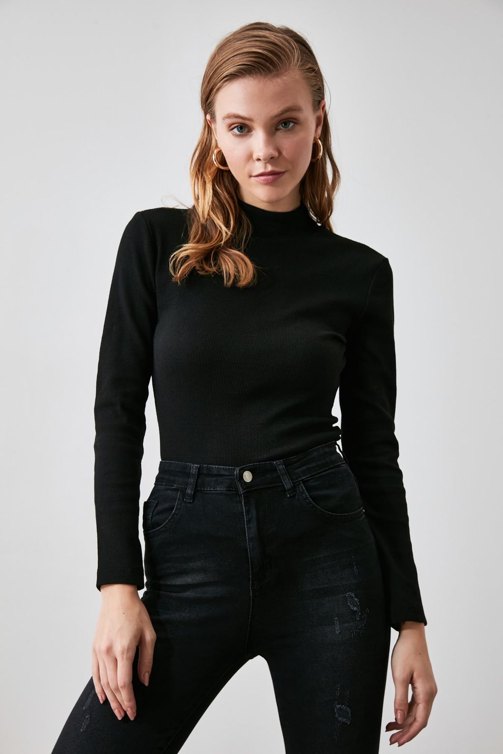 Siyah Fitted/Vucuda Oturan Dik Yaka Uzun Kol Fitilli Esnek Orme Bluz TWOAW21BZ0423