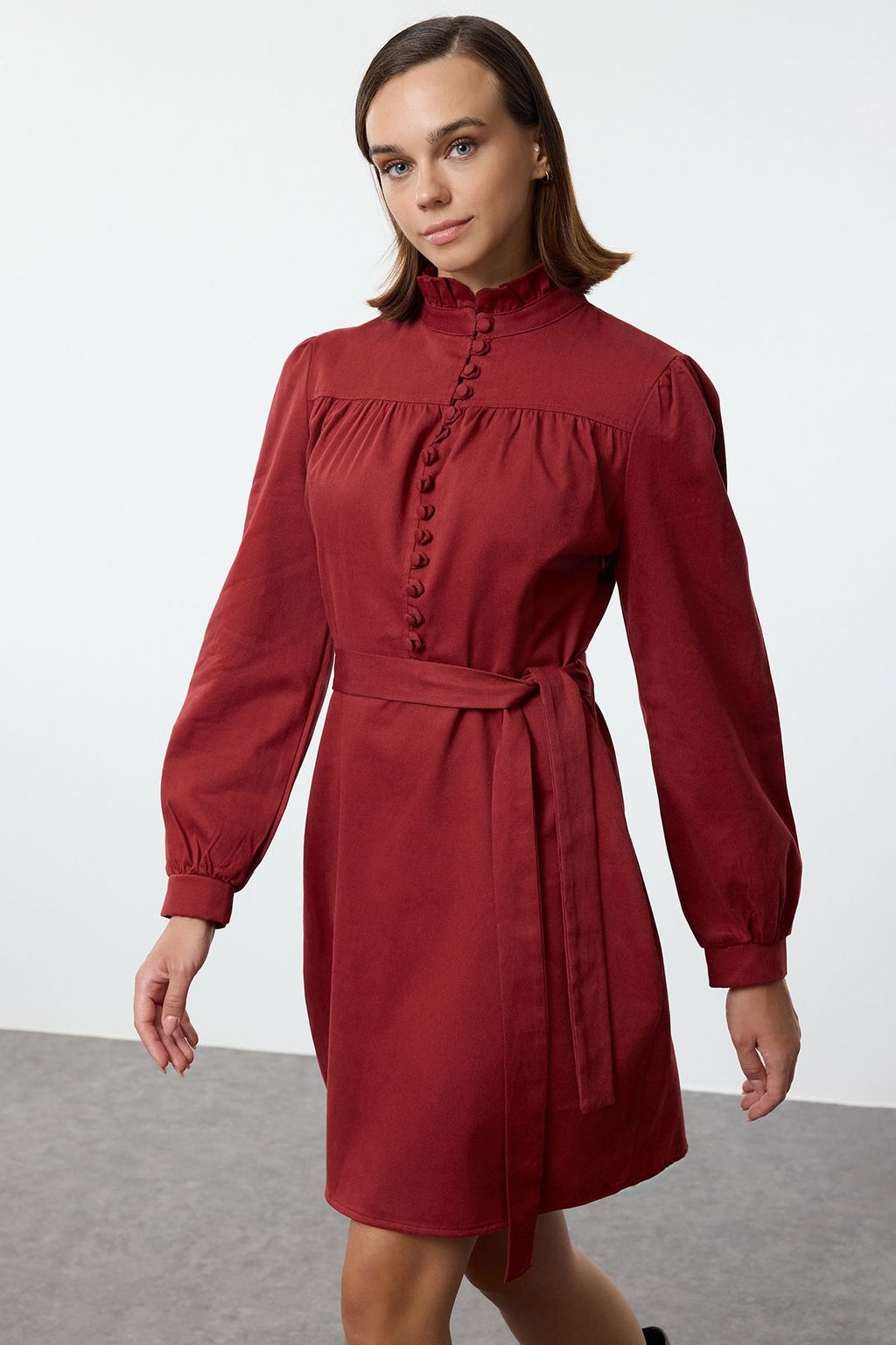 Bordo Duz Dik Yaka Dokuma Elbise TWOAW22EL1346 - Trendyolmilla фото 2