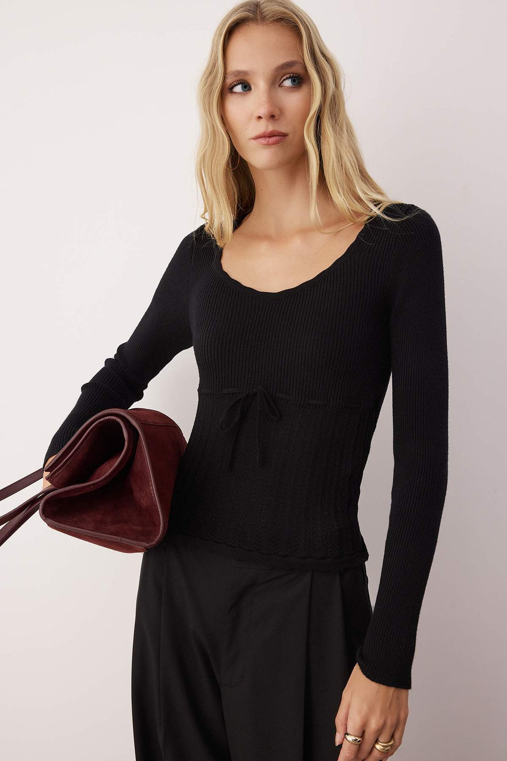 Siyah Premium Iplik/Ozel Iplik Triko Kazak TWOAW26KZ00215