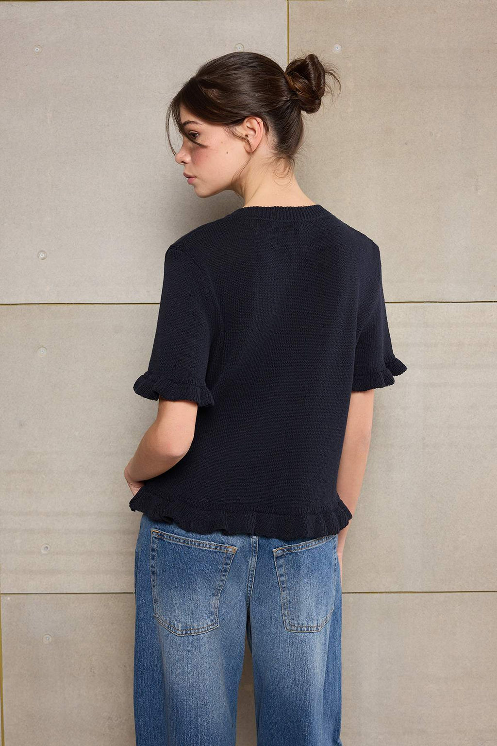 Teen Lacivert Cicek Dugme Detayl? Bisiklet Yaka Triko Bluz TWOSS26BZ00119