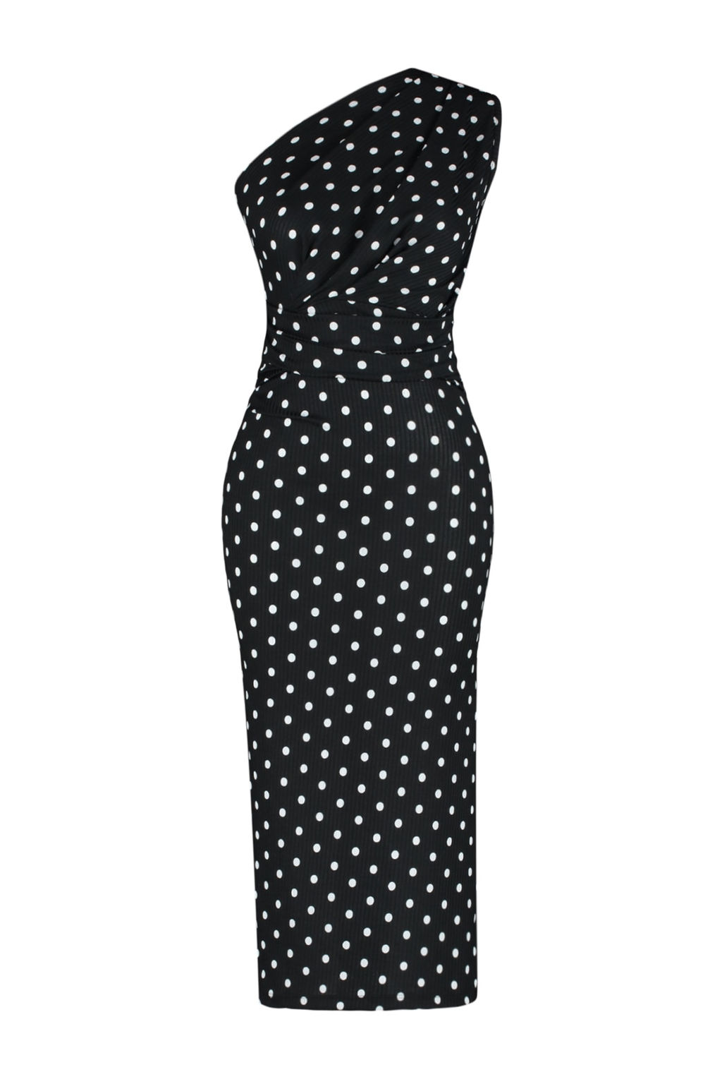 Siyah Bask?l? Fitted/Vucuda Oturan Tek Omuz Asimetrik Buzgu Detayl? Orme Kalem Elbise TWOSS23EL02182