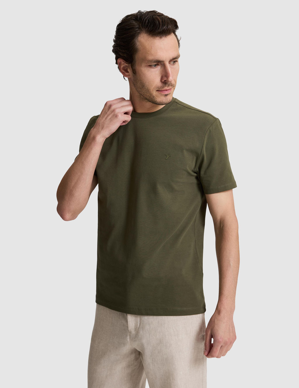 Haki Slim Fit Pamuk Kar___ml_ Bisiklet Yaka Basic T-shirt