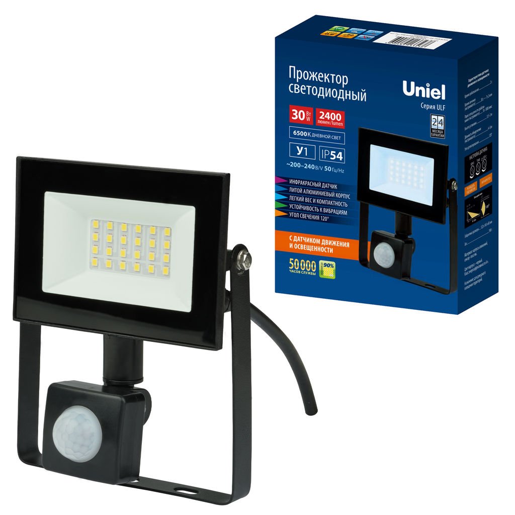 ULF-F62-30W/6500K SENSOR IP54 200-240В BLACK Прожектор светодиодный с датчиком движения и освещенности. Дневной свет (6500K). Корпус черный. TM Uniel