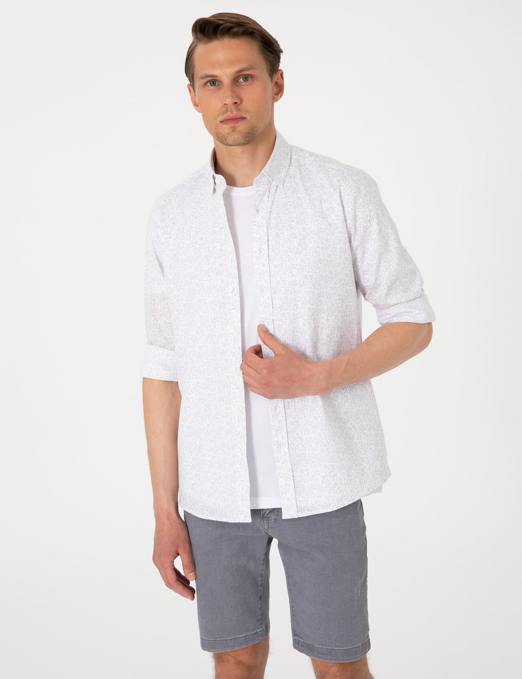 Beyaz Desen Bask_l_ Slim Fit Uzun Kollu G_mlek