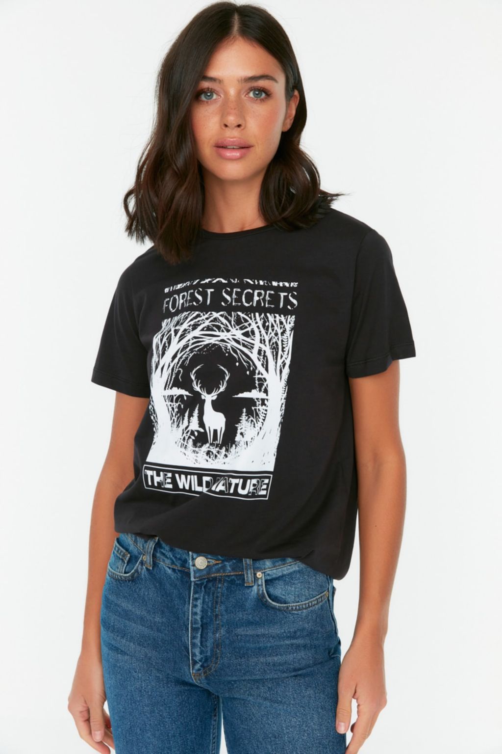 Siyah %100 Organik Pamuk Bask?l? Basic Orme T-Shirt