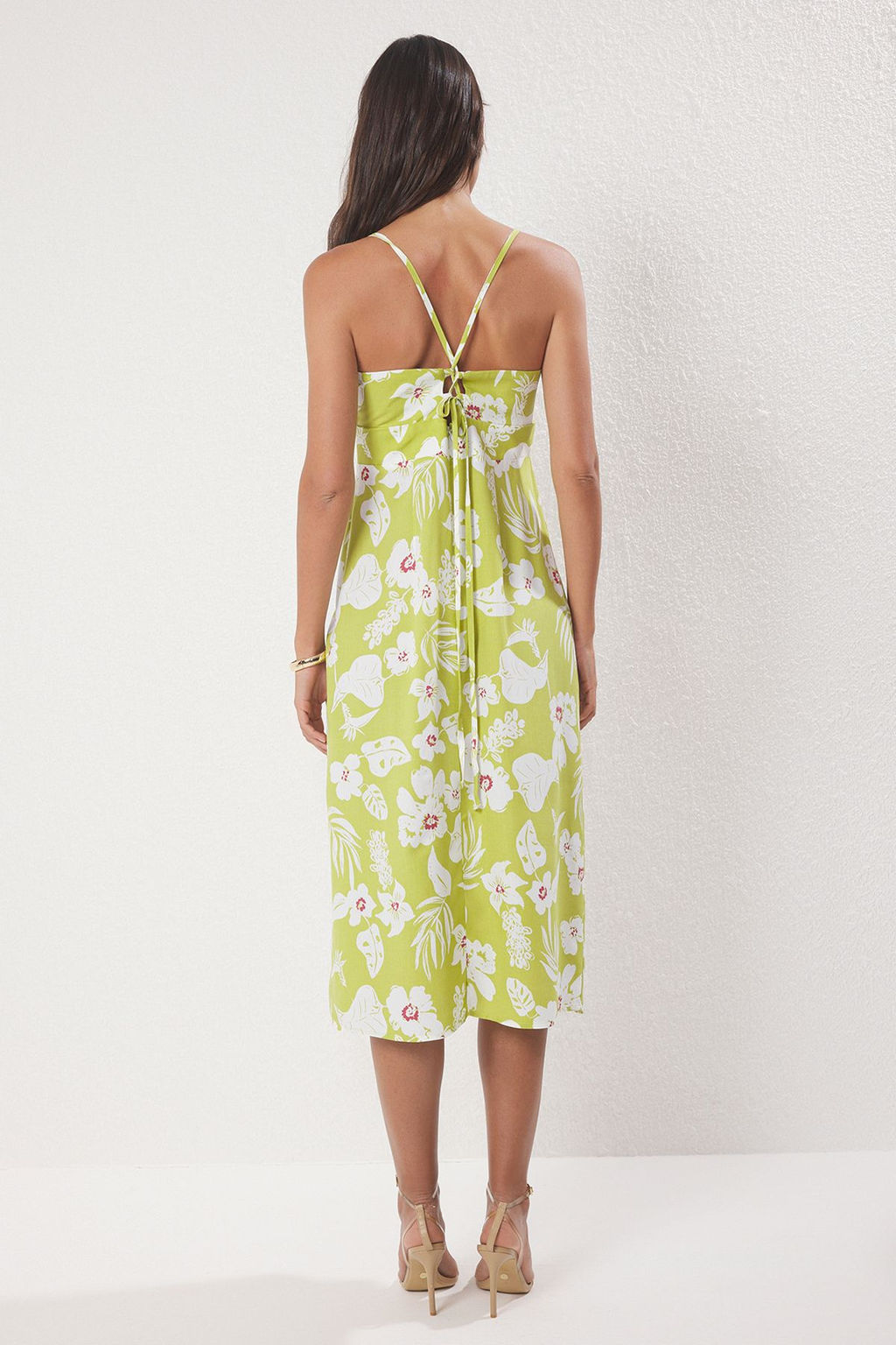 Yesil Cicekli Y?rtmacl? Midi Dokuma Elbise TWOSS23EL02295