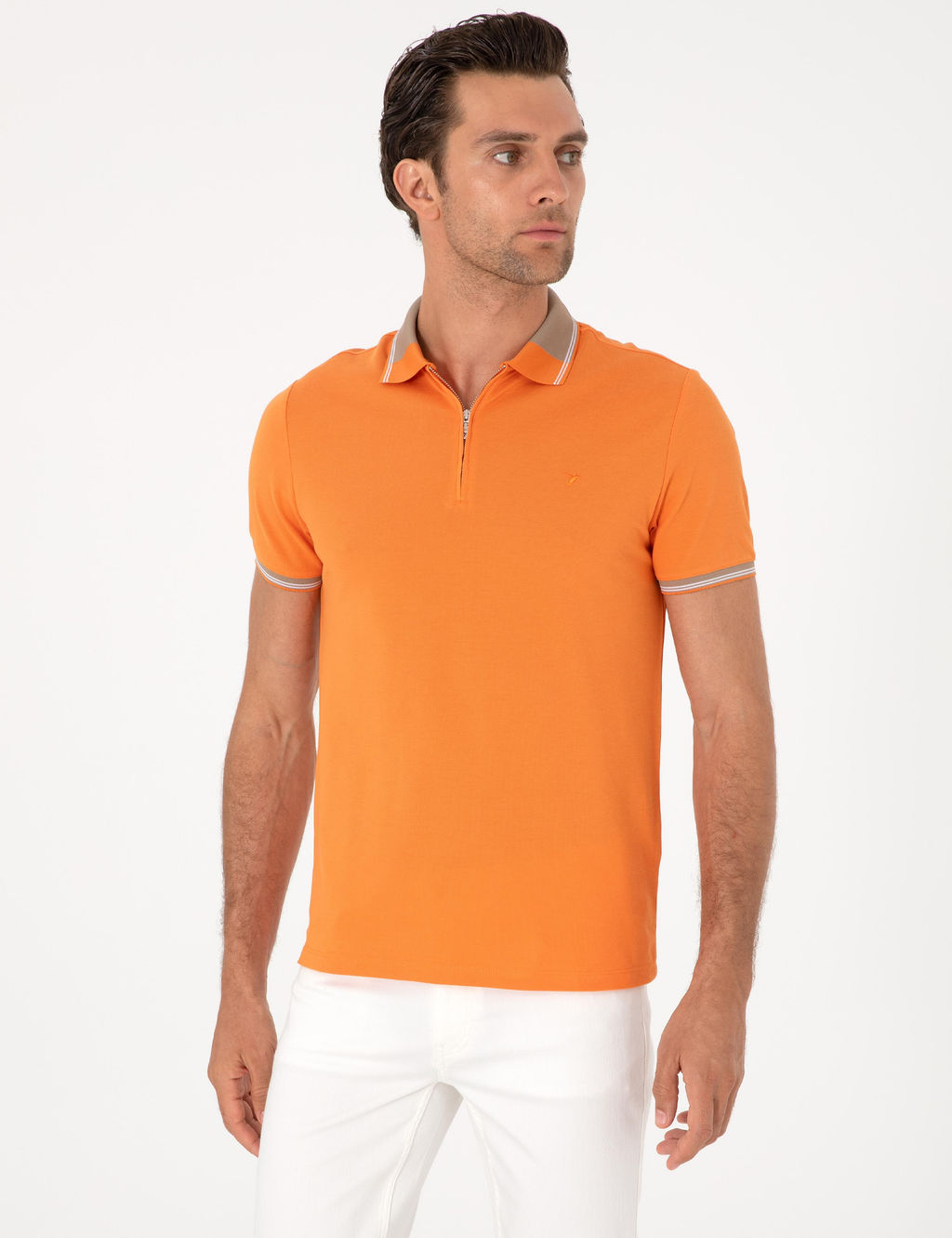 Turuncu Slim Fit %100 Pamuk Fermuarl_ Polo Yaka T-shirt - Cacharel фото 3