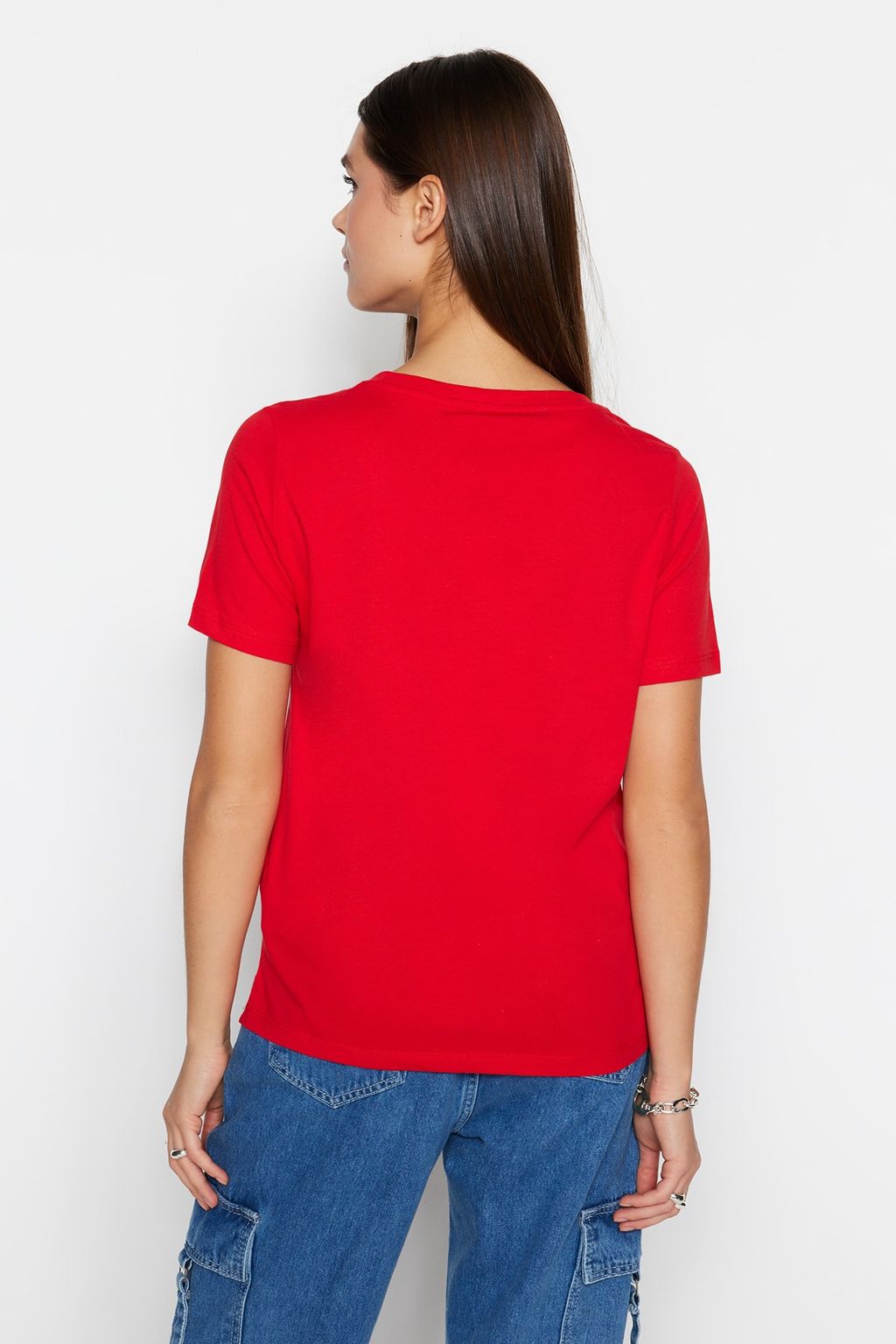 K?rm?z? %100 Pamuk Basic V Yaka Orme T-Shirt TWOSS23TS00001