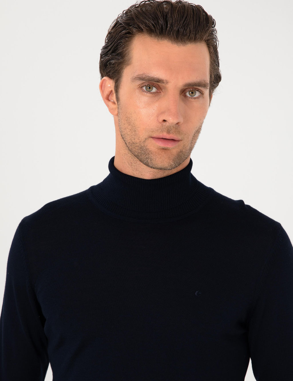 Lacivert Slim Fit Y_n Kar___ml_ Bal_k__ Yaka Basic Triko Kazak