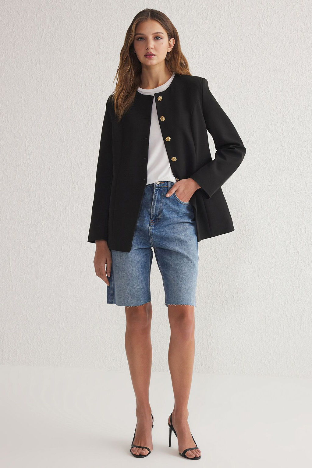 Siyah Vatkal? Bisiklet Yaka Dokuma Blazer Ceket TWOSS25BC00008