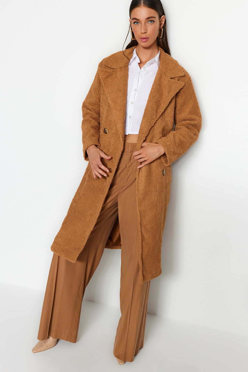 Camel Oversize Genis Kesim Uzun Buklet Kaban TWOAW24KB00037