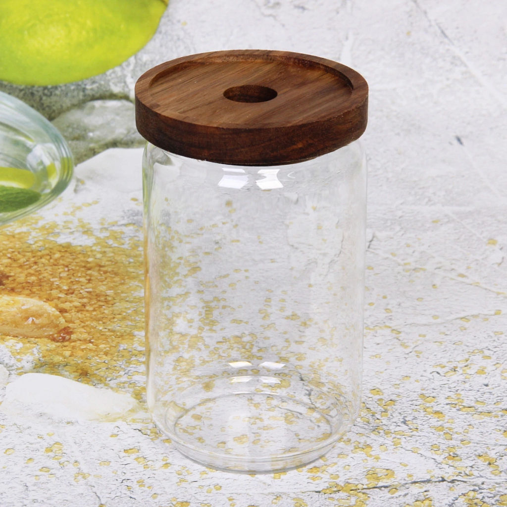 Банка для продуктов стеклянная 750мл "Хай-Тек" с крышкой из акации 9*15см