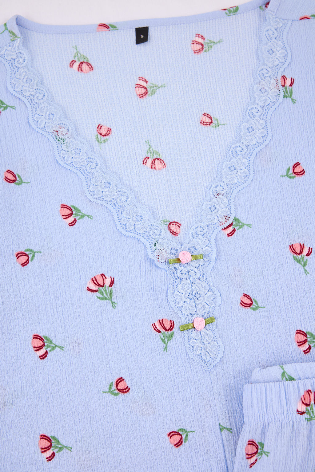 Mavi Cicekli Dantel Detayl? Burumcuk Dokulu Orme Pijama Tak?m? THMSS26PT00011 - Trendyolmilla фото 14