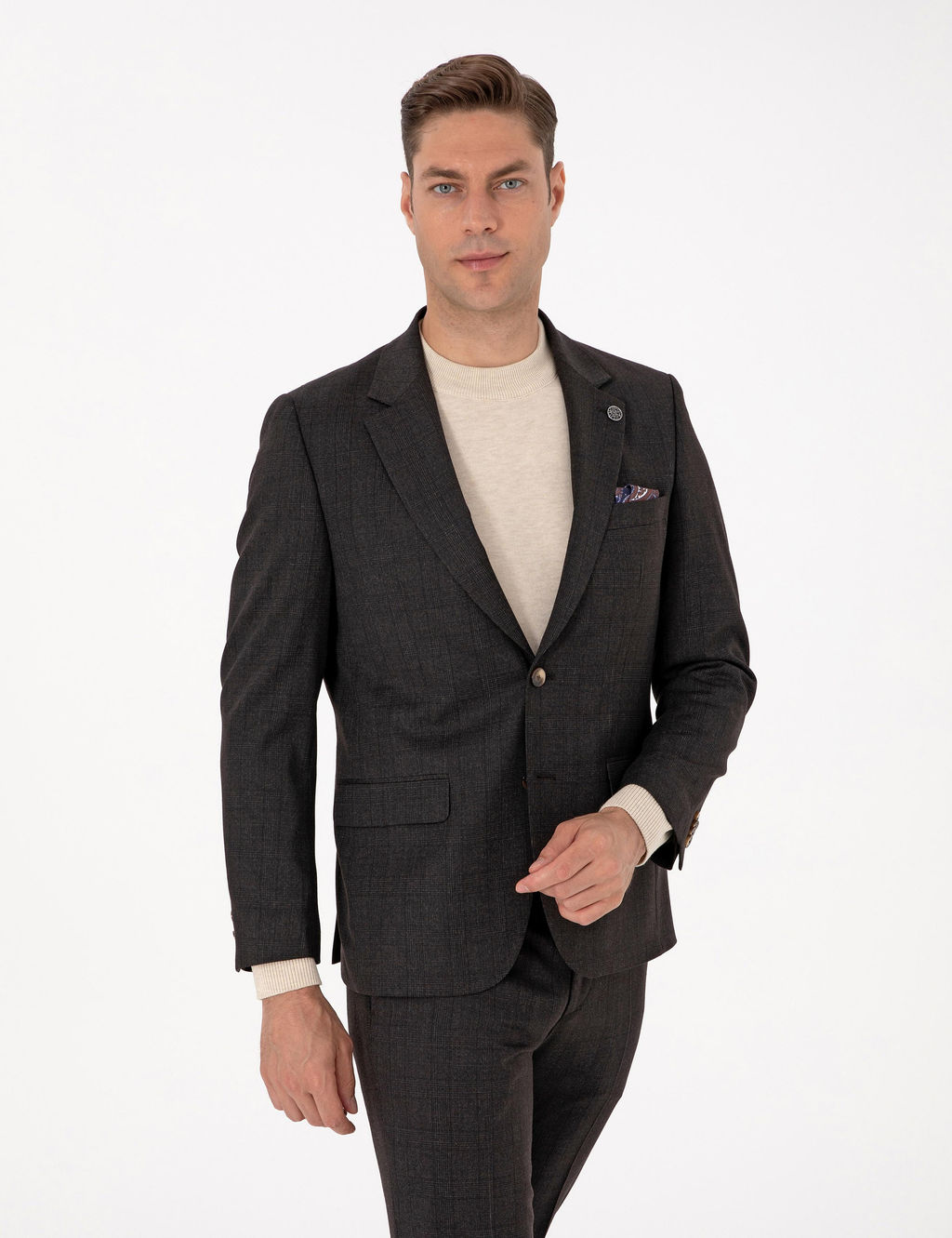 Kahverengi Slim Fit Y_n Kar___ml_ Ekose Tak_m Elbise