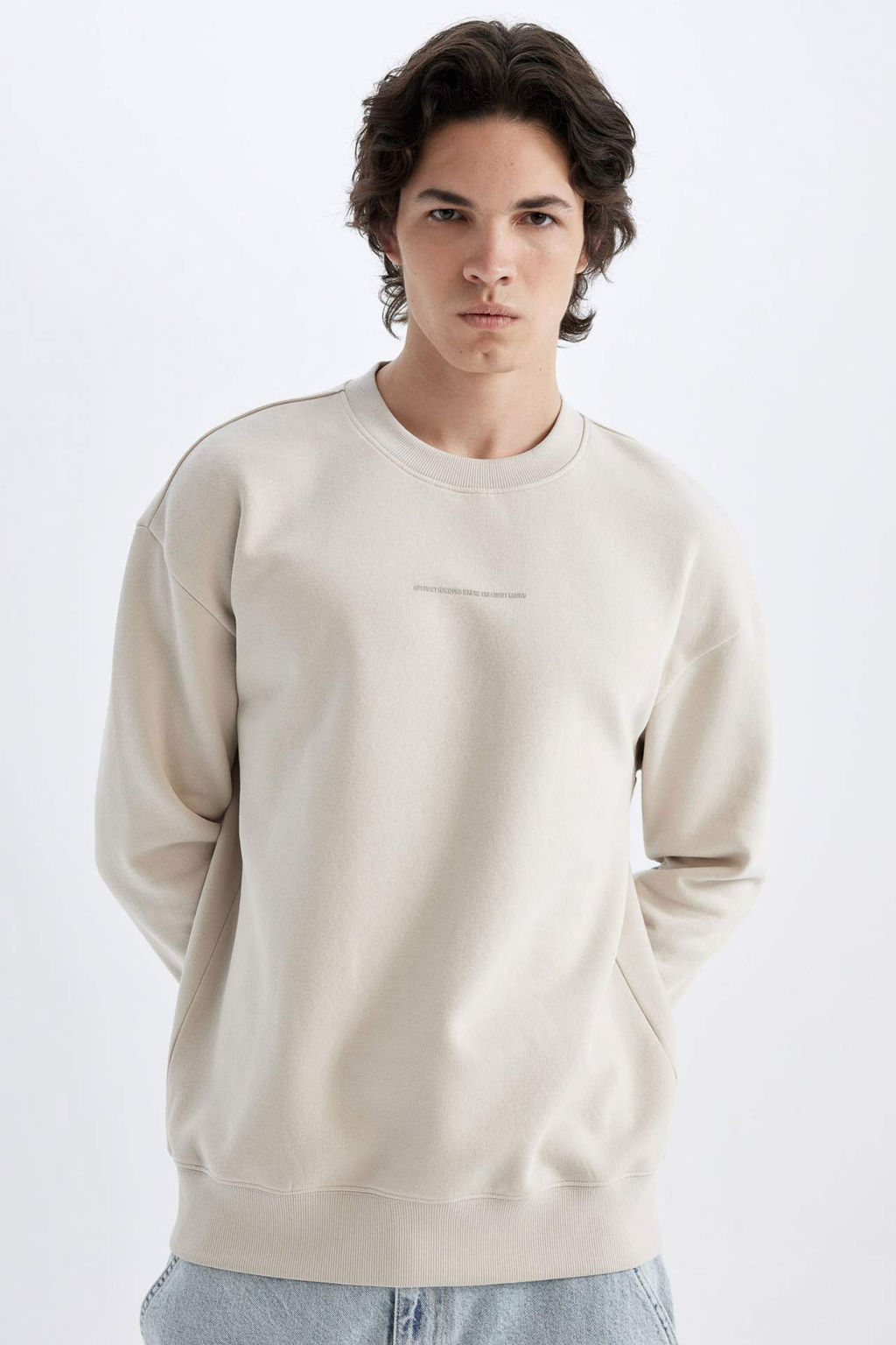 Boxy Fit Bisiklet Yaka Bask?l? Sweatshirt - Defacto фото 6