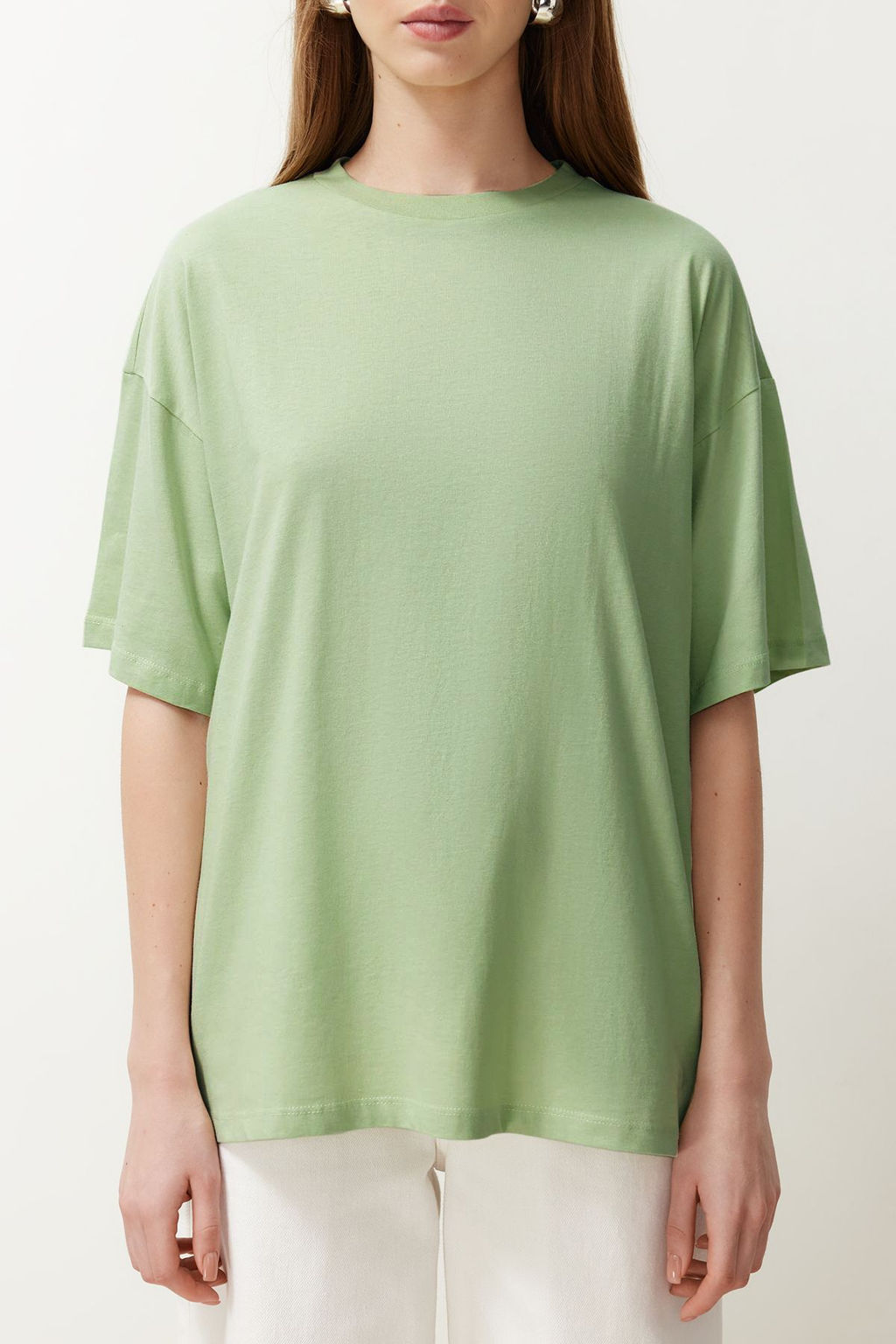Mint %100 Pamuk Bisiklet Yaka Oversize/Genis Kal?p Orme T-Shirt TWOSS20TS0134