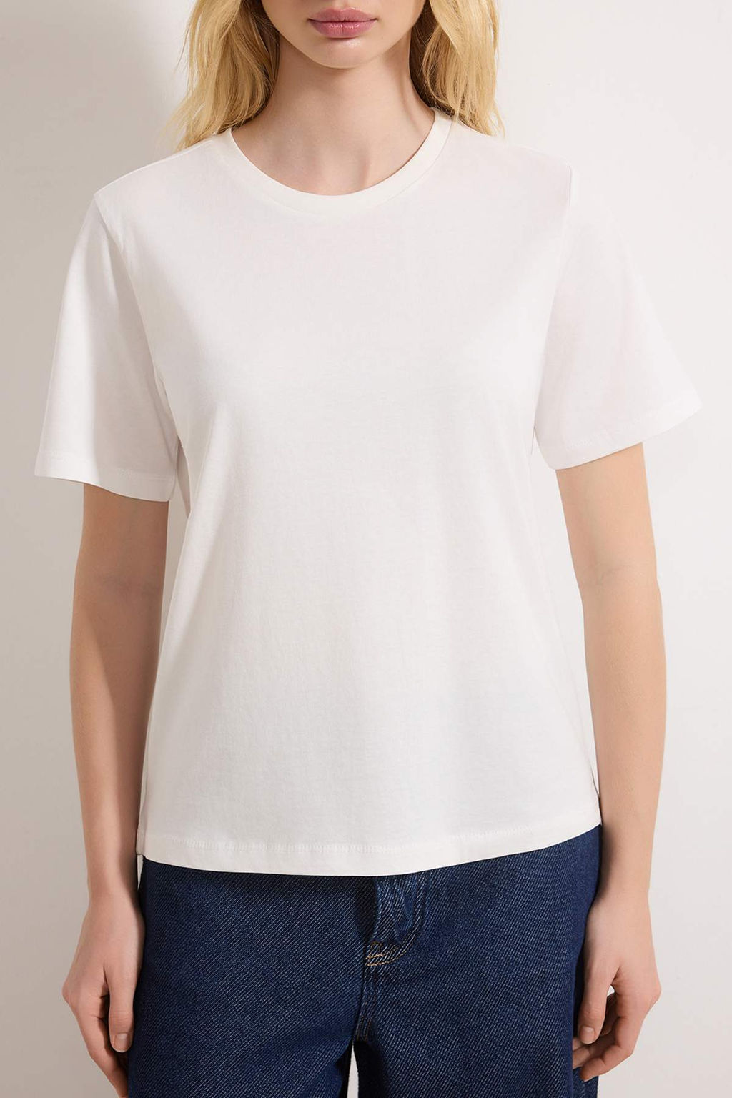 Zumrut Yesili-Ekru %100 Pamuk Bisiklet Yaka 2li Paket Orme T-Shirt TWOSS20TS0141