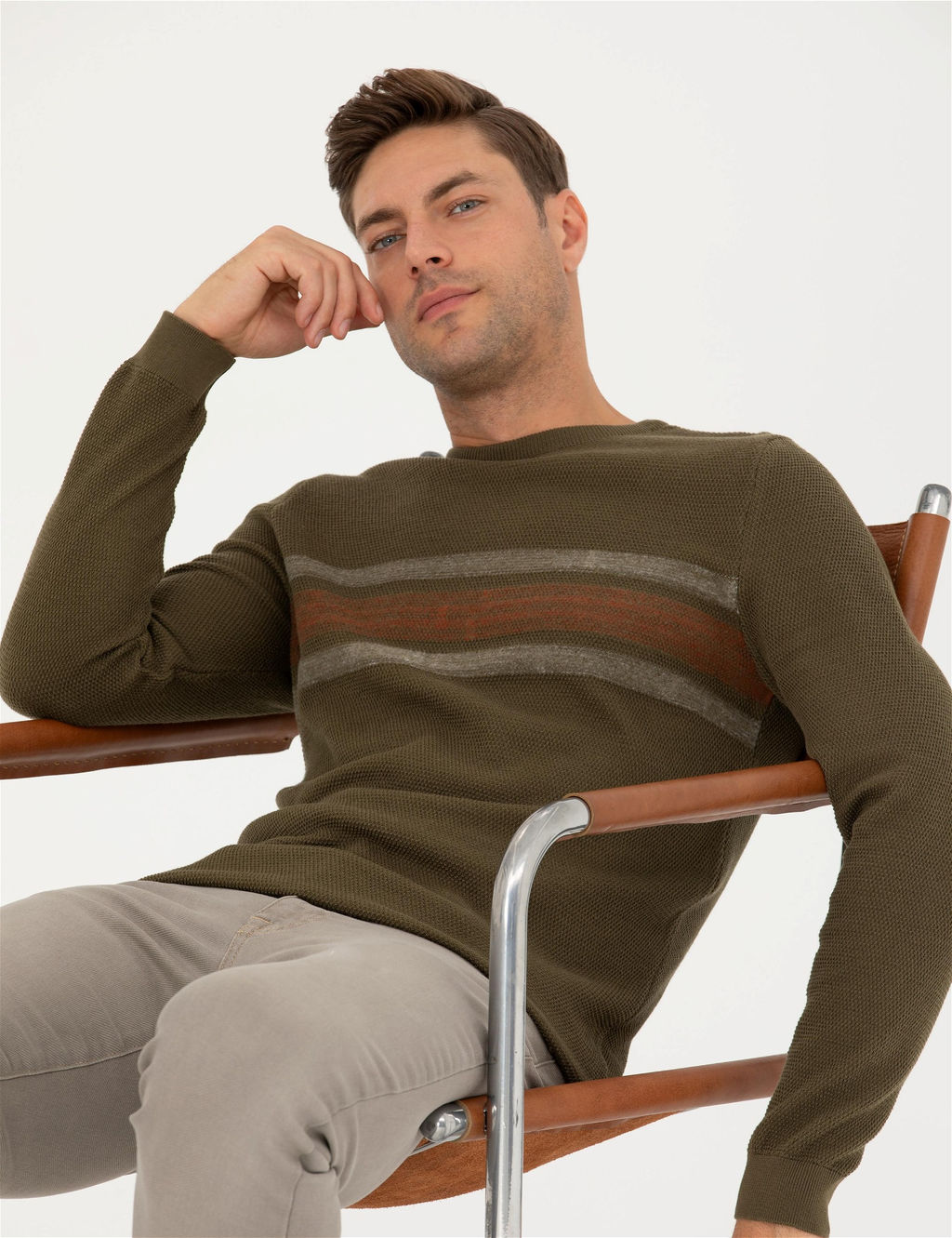 Koyu Haki Slim Fit Fermuarl_ Dik Yaka Triko Kazak