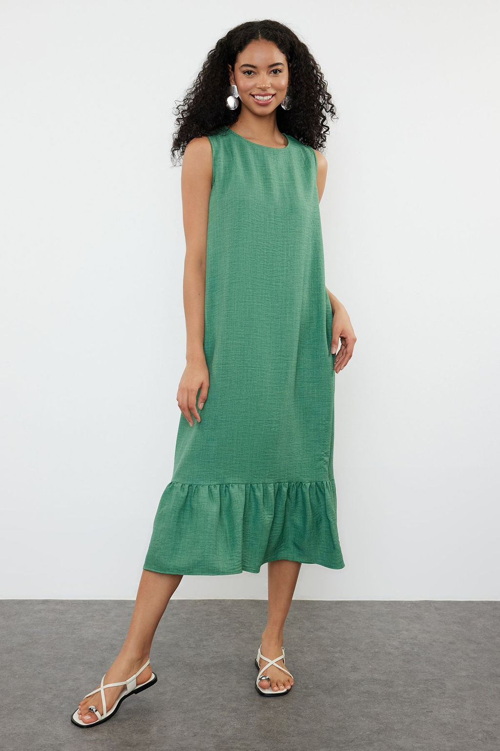 Yesil Duz Kesim Etegi Volanl? Mini Dokuma Elbise TWOSS24EL00520