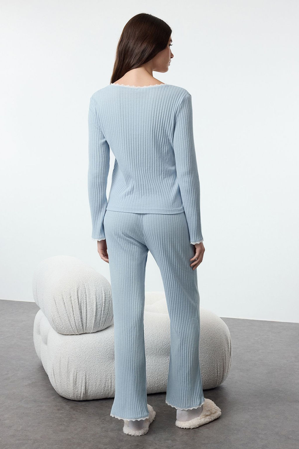 Trendyolmilla Bebe Mavisi Dantelli ve Kurdele/Fiyonk Detayl? Fitilli Orme Pijama Tak?m? THMAW25PT00044  фото 5