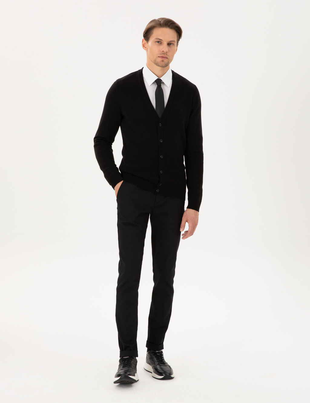 Siyah Slim Fit Beli Lastikli Ba_c_kl_ Kanvas Pantolon