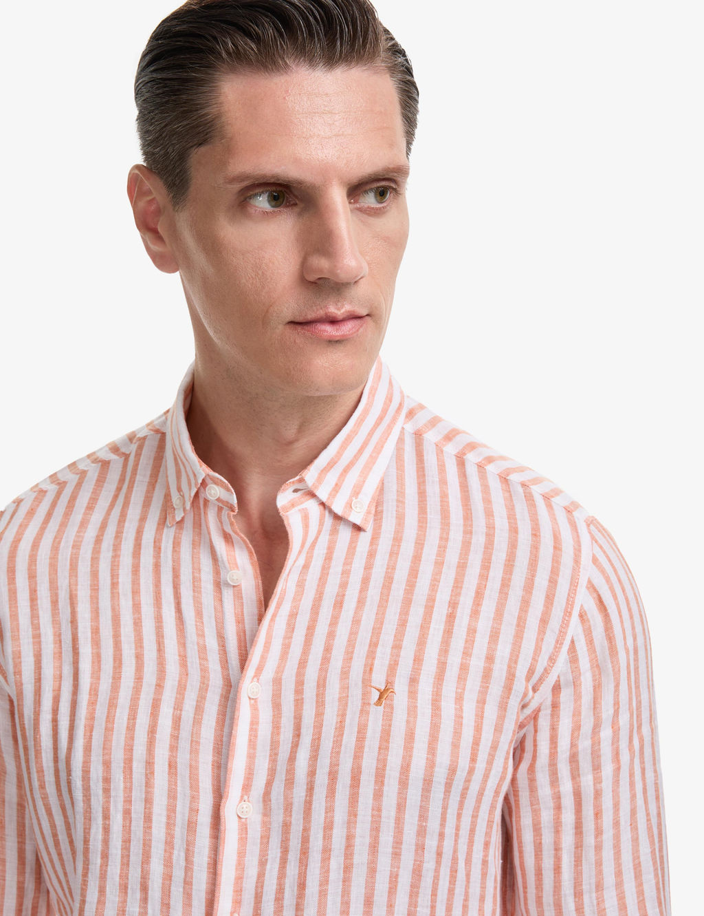 Turuncu Slim Fit %100 Keten Yakas_ D__meli _izgili G_mlek