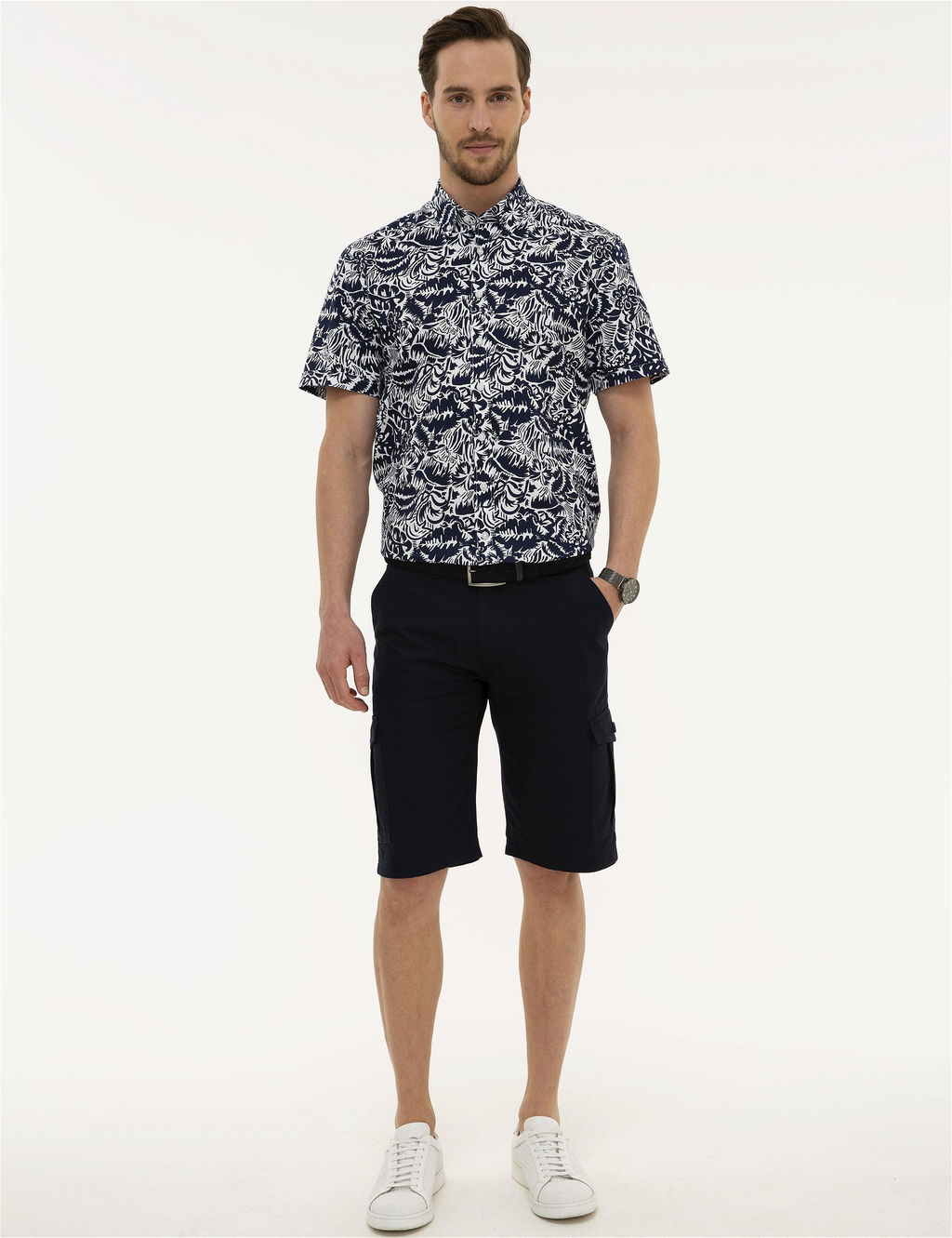 Lacivert Standart Fit Keten Kar___ml_ Bermuda _ort