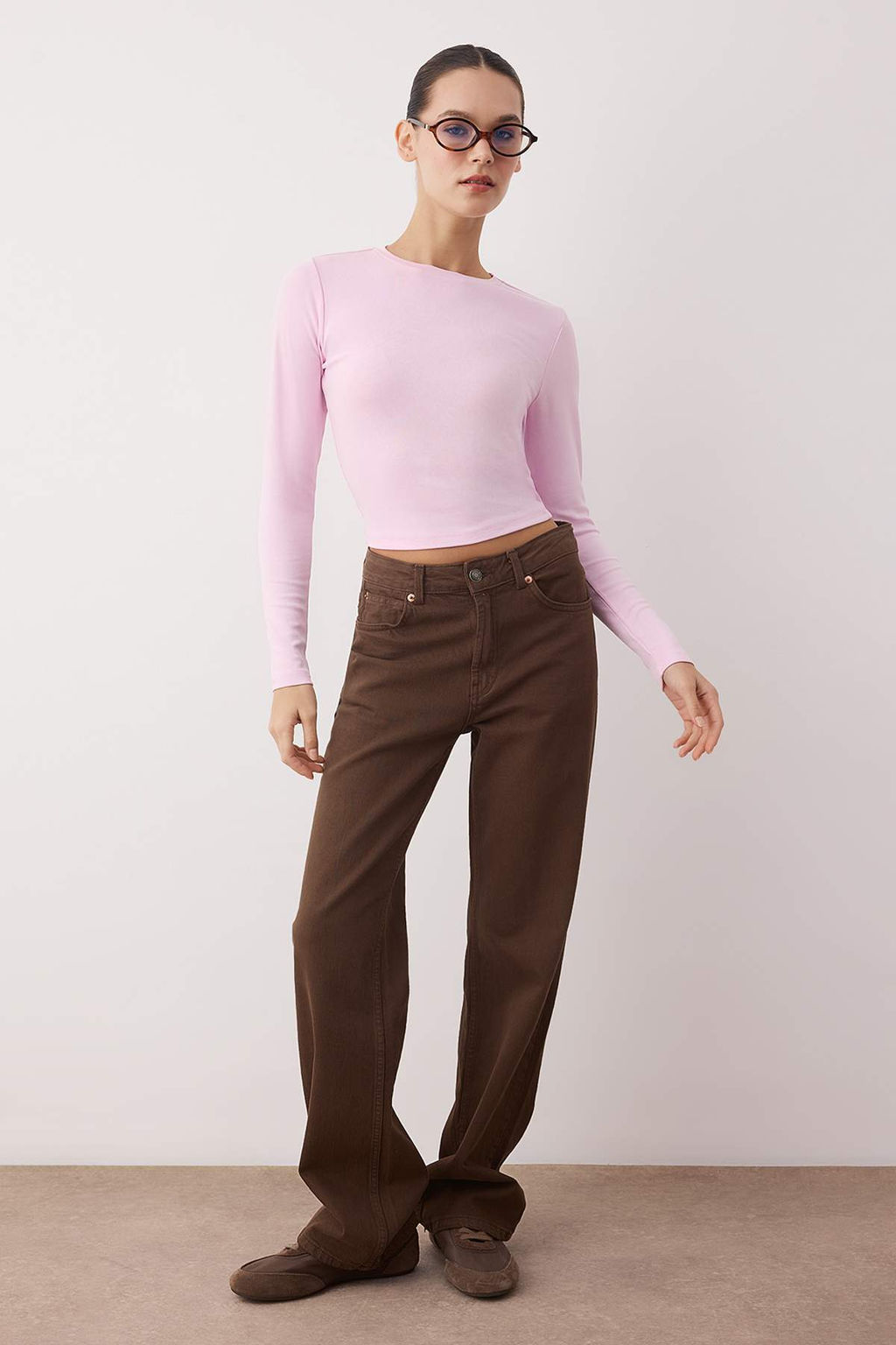 Ac?k Pembe Premium Viskon Bisiklet Yaka Crop Esnek Orme Bluz TWOAW24BZ00116