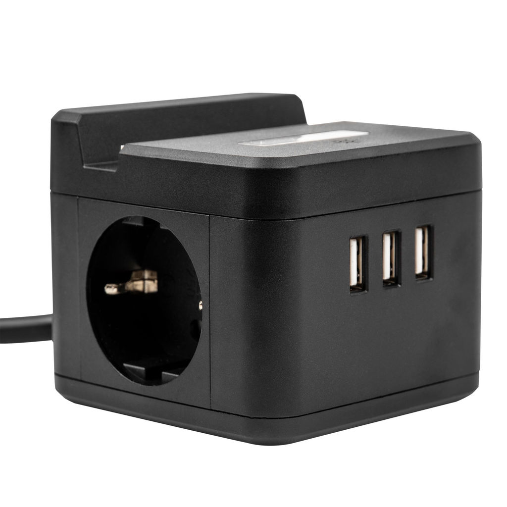S-GCD2-1,5SBUH BLACK Удлинитель серии Standard, с/з, шнур 1,5м, 2 гнезда, 3 USB, 16А, держатель для телефона. Черный. ТМ Uniel
