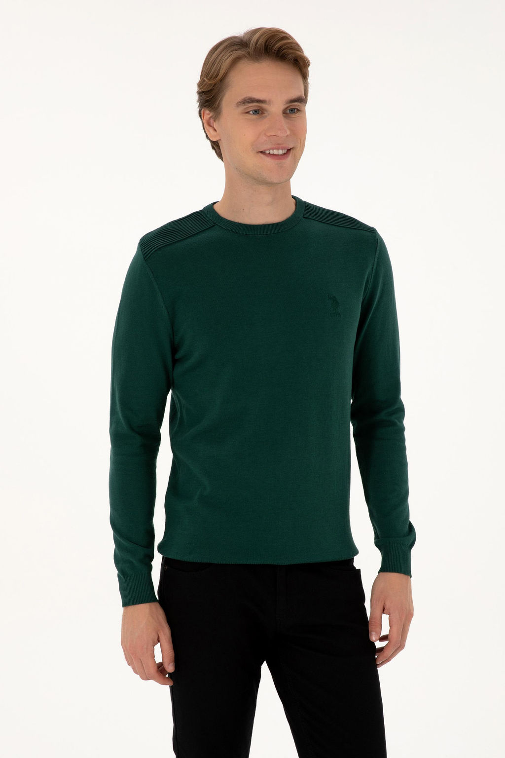 Erkek Slim Fit Bisiklet Yaka Ye_il Basic Kazak