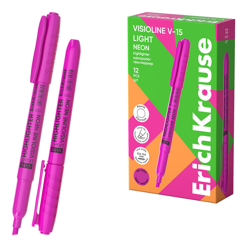 Цена за 12 шт. Текстмаркер ErichKrause Visioline V-15 Light Neon, цвет чернил розовый (в коробке по 12 шт.)