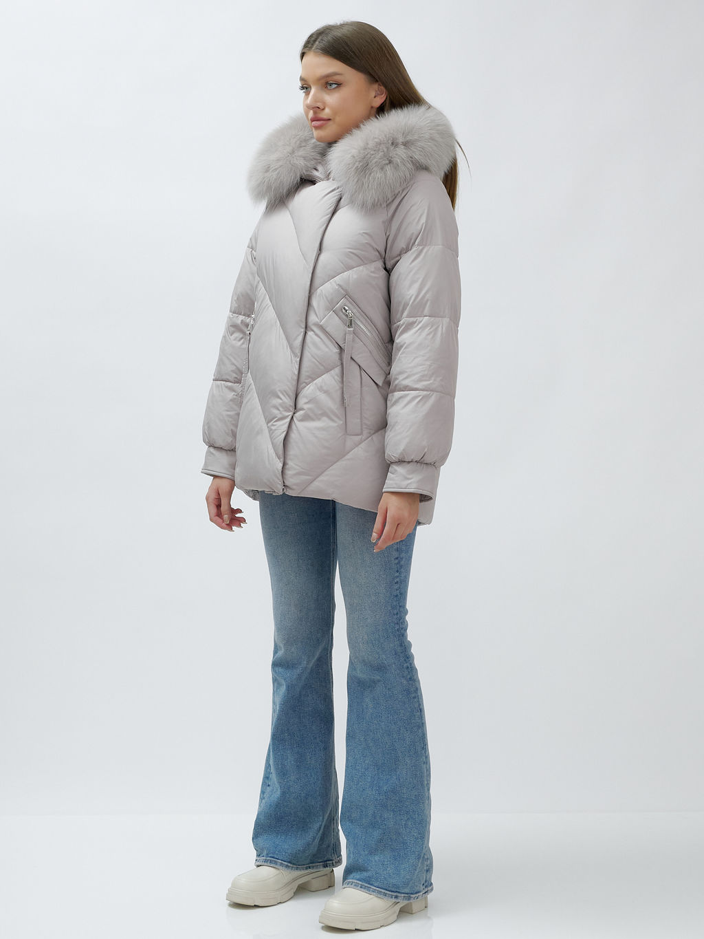 Полупальто женское зимние с мехом песец люкс класса серого цвета 6227Sr - Mtforce фото 3