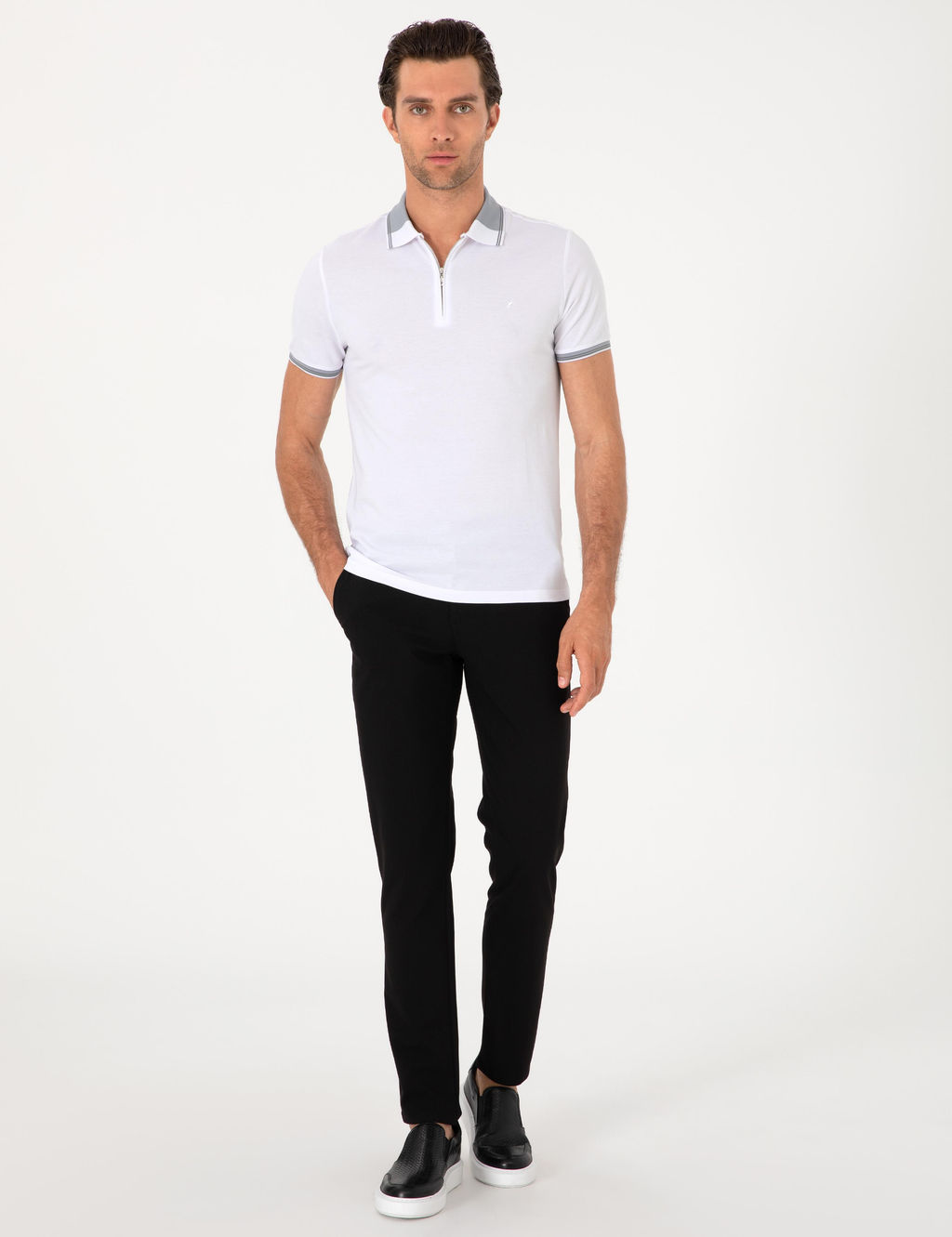Beyaz Slim Fit %100 Pamuk Fermuarl_ Polo Yaka T-shirt