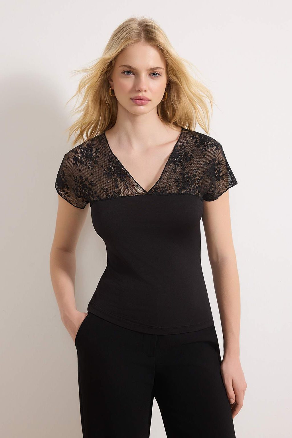 Siyah Fitted/Vucuda Oturan V Yaka K?sa Kollu Dantel Detayl? Esnek Orme Bluz TWOSS26BZ00256