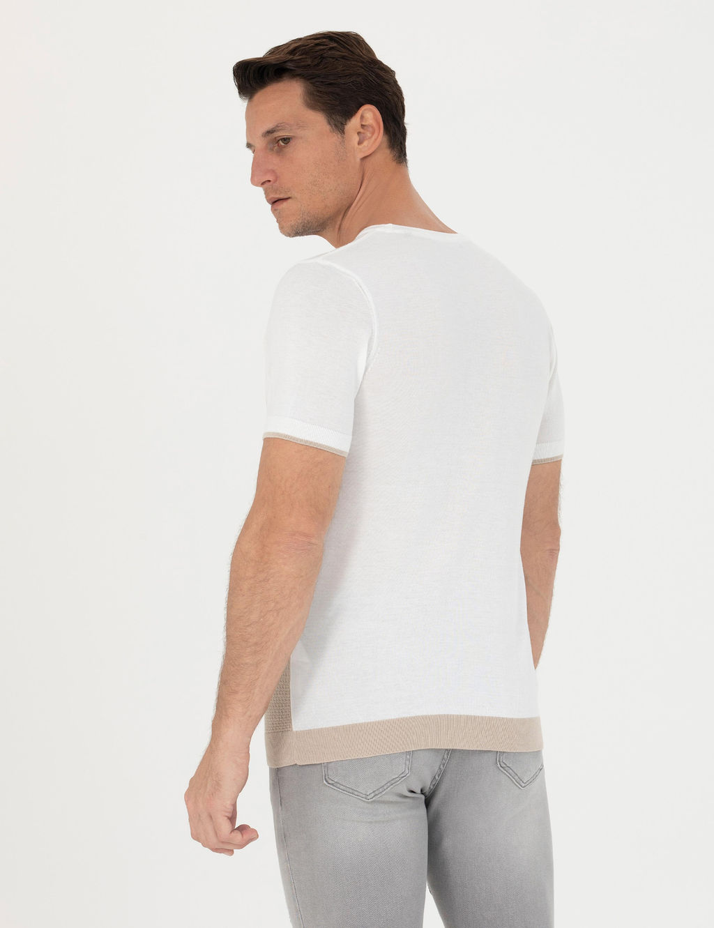 Bej Slim Fit Bisiklet Yaka Triko T-Shirt