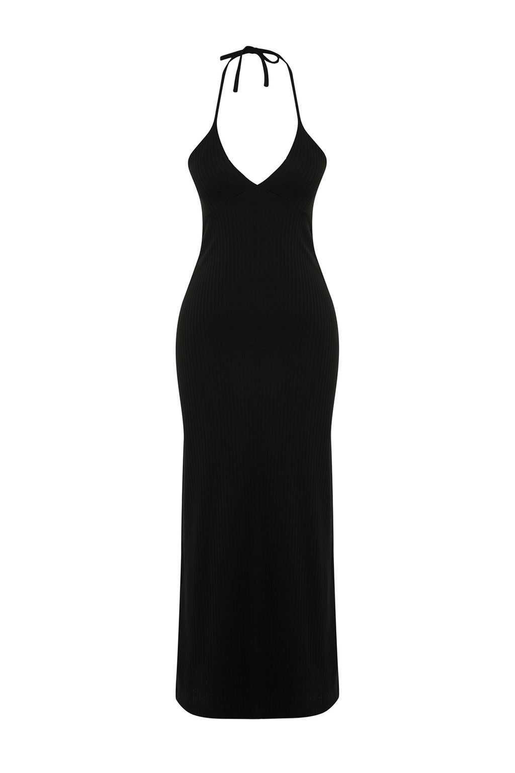 TRENDYOLMILLA Siyah Fitilli Boyundan Baglamal? Bodycone/Vucuda Oturan Maxi Esnek Orme Kalem Elbise TWOSS24EL00293