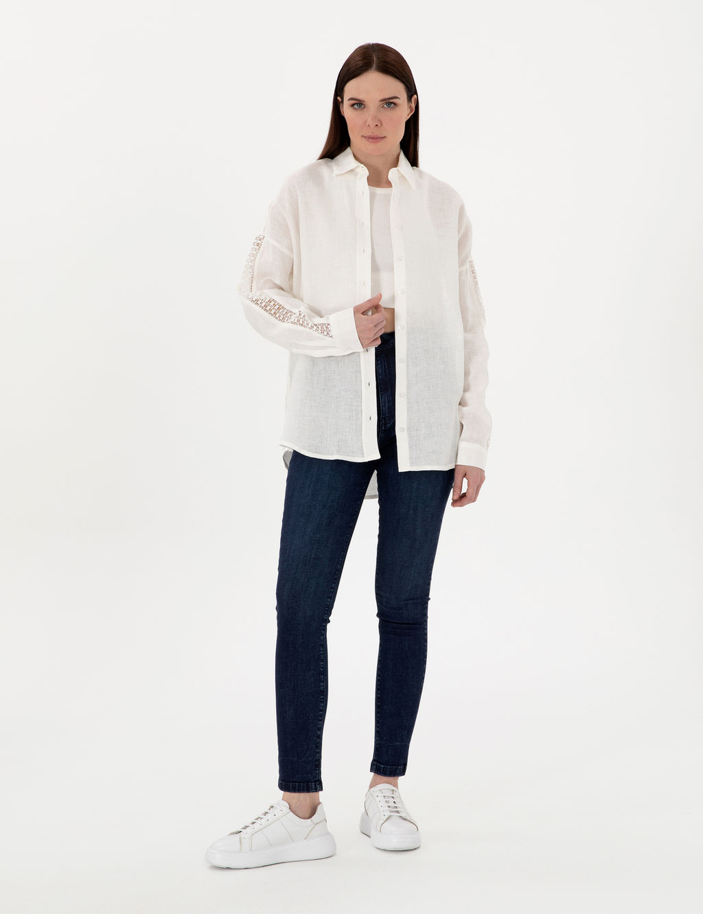 Beyaz Oversize Uzun Kollu %100 Keten G_mlek