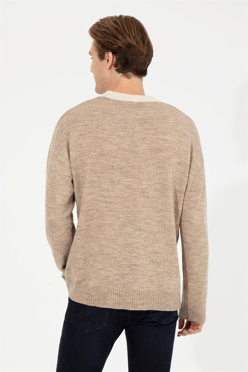 U. S. Polo Assn Мужской светло-коричневый меланжевый трикотажный свитер с круглым вырезом - U.s. polo assn фото 11