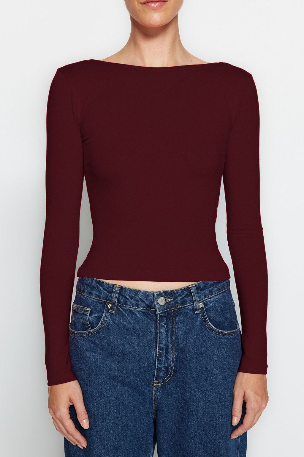 Koyu Bordo Pamuklu S?rt Dekolteli Fitted/Vucuda Oturan Esnek Orme Bluz TWOAW24BZ00160