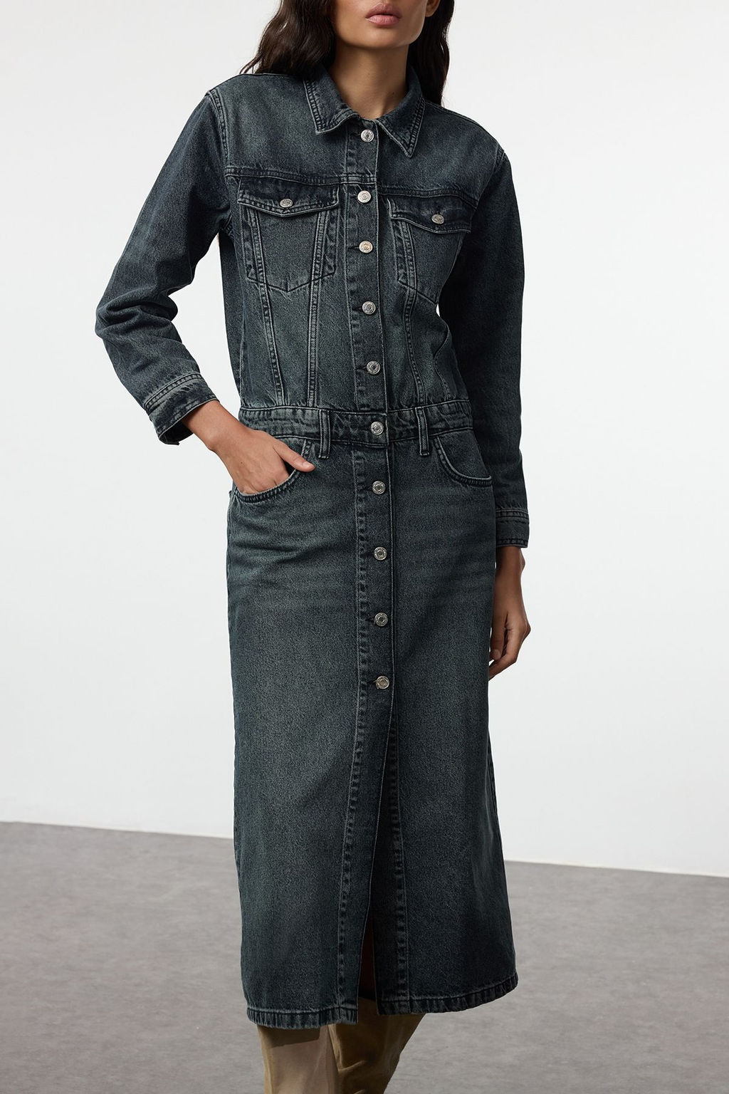 TRENDYOLMILLA Koyu Mavi Midi Denim Gomlek Elbise TWOAW25EL00488  фото 3