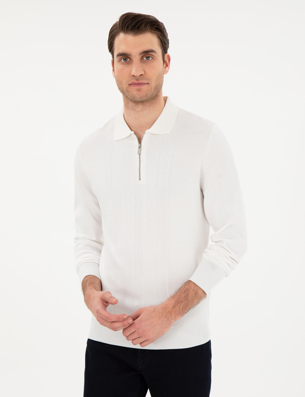 Ekru Regular Fit Fermuarl_ Polo Yaka Triko Kazak