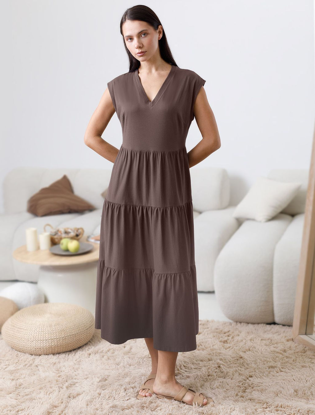Ярусное платье А силуэта с V вырезом из 100% премиального хлопка