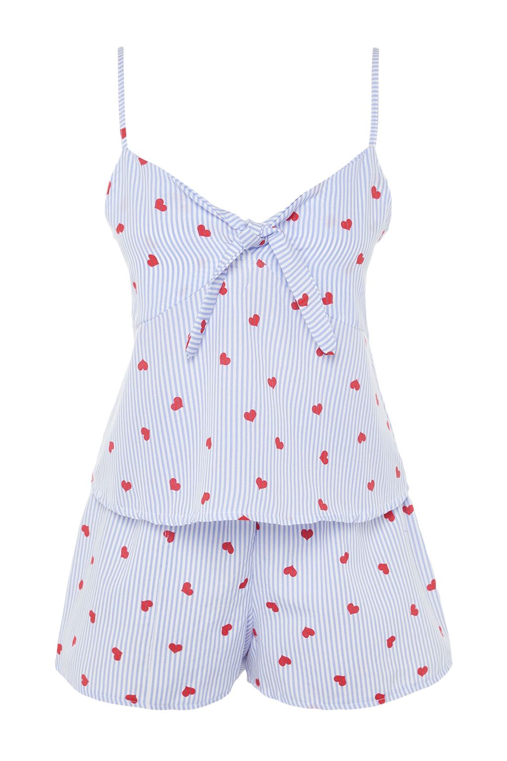 Trendyolmilla Mavi Cizgili Kalpli Ip Ask?l? Viskon Sortlu Dokuma Pijama Tak?m? THMSS23PT00133 фото 11