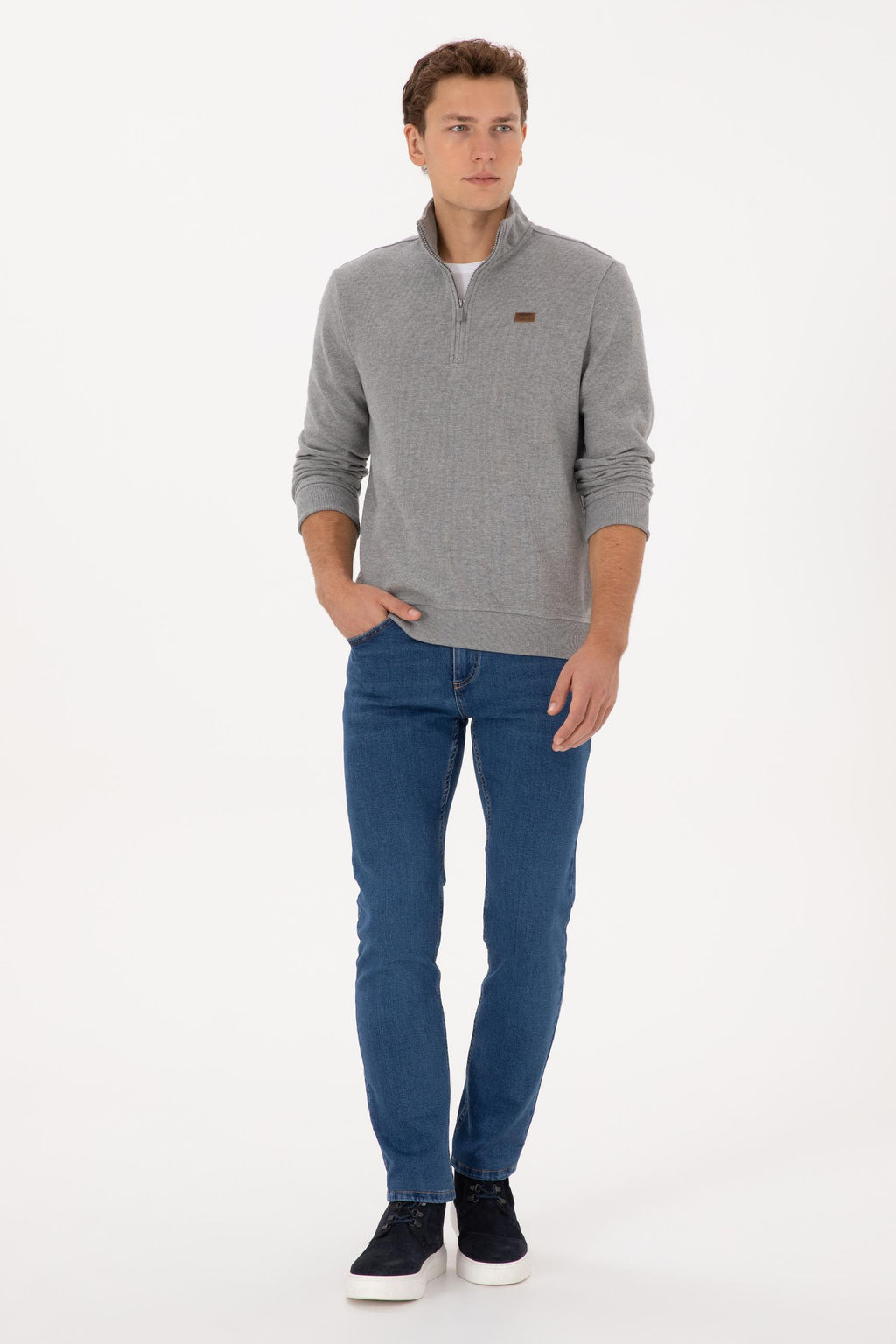 Erkek Regular Fit Yar_m Fermuarl_ Gri Melanj Basic Sweatshirt - U.s. polo assn фото 4