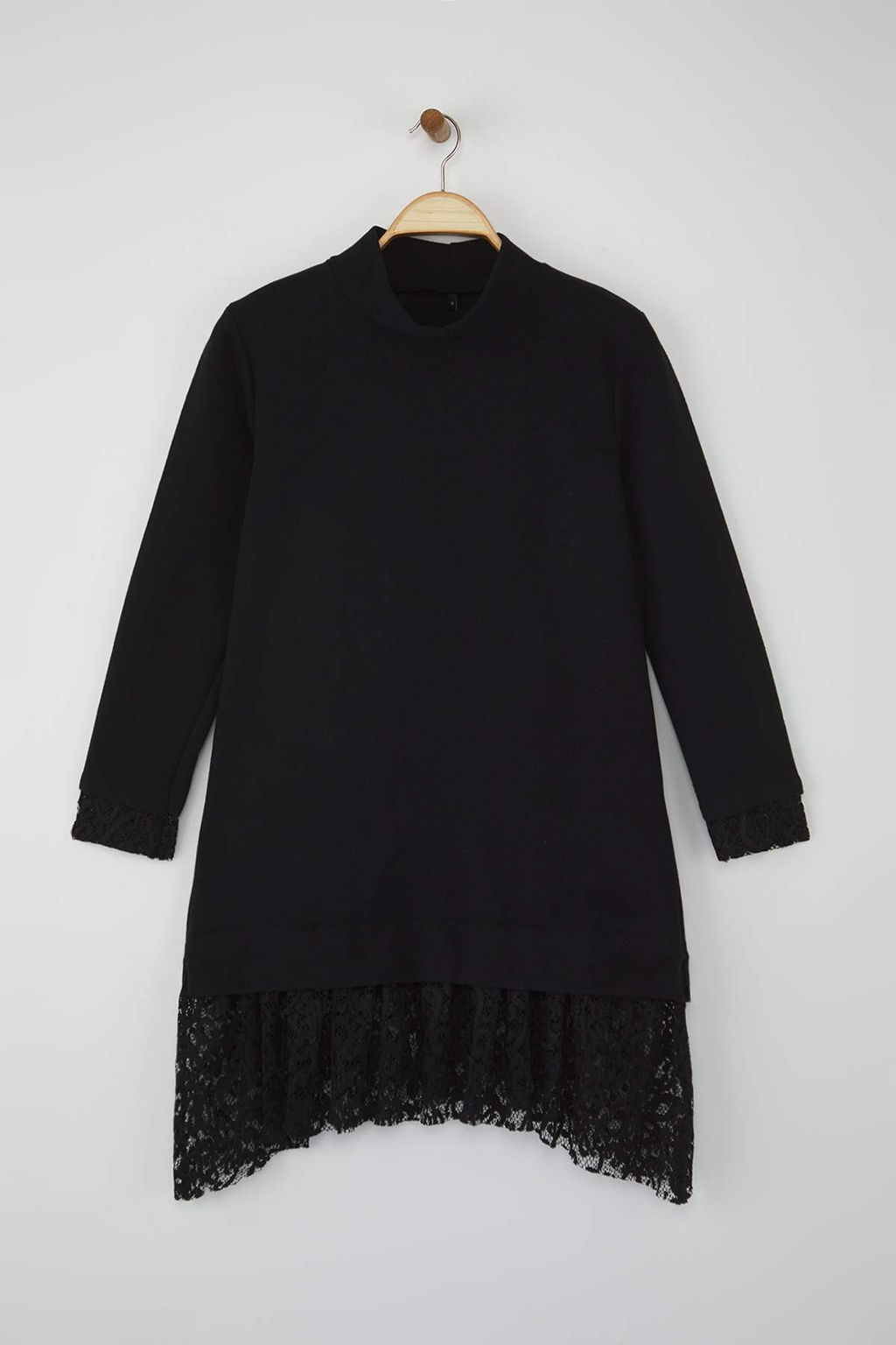 Siyah Dik Yaka Shift/Duz Kesim Uzun Kollu Dantel Garni Detayl? Mini Orme Elbise TWOAW26EL00095