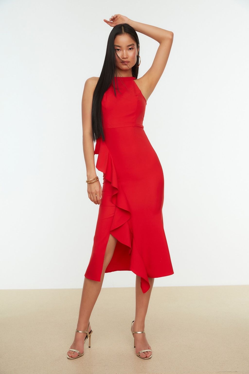 TRENDYOLMILLA Siyah Astarl? Volanl? Dokuma S?k Abiye Elbise TPRAW19BB0144 фото 4